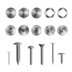 3d realistic illustration of stainless steel bolts, nails and screws on white background.