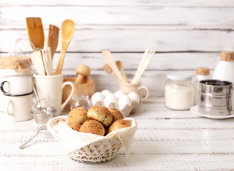 Cooking buns. Ingredients, crockery and kitchenware for buns.