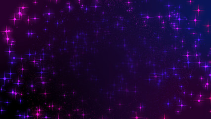 Spark purple neon stars dust blur bokeh night sky for web banner widescreen background. 3D graphic stars glitter.