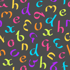 Seamless pattern of bright letters. Doodles hand-drawing. Letters on dark Background. Vector