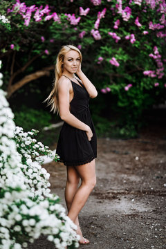 girl in a black dress near the flowers. Blonde woman posing in nature