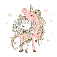 Cute little Princess with a pink unicorn. Vector.