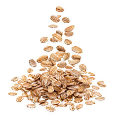 Oat rye flakes falling on pile isolated on white background