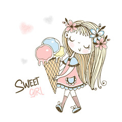 Cute little girl goes with a big ice cream. Sweet girl. Vector.