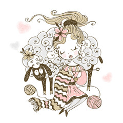 A cute girl with a lamb knits a scarf on the spokes. Vector.