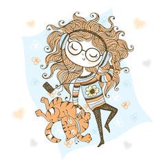 Cute teen girl listening to music with headphones. Vector.