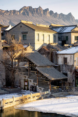 Frozen river in winter in old town at Gubei water town in Beijing,China.