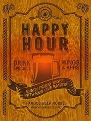 Beer Happy hour flyer design on WOODEN. It can be useful whether it is a specific show, club event, or special attraction.