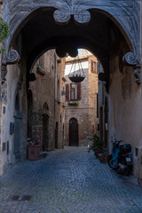 A narrow cobblestone-paved alleyway in Italy