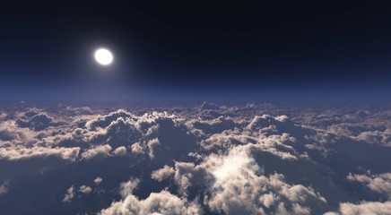 Naklejka na ściany i meble View over the clouds, panorama of clouds at sunset, sky with clouds and the sun view from above, 3D rendering