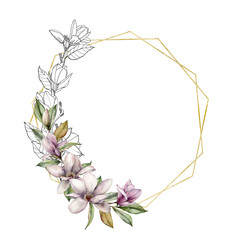 Watercolor polygonal frame with golden and black magnolia. Hand painted spring flowers and leaves isolated on white background. Floral line art illustration for design, print or background.