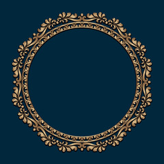 Vintage gold round frame with border scroll pattern. Ornate golden label on dark blue background. Circle picture frame in baroque style. 