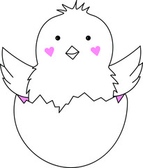  Vector graphics. Chicken in an egg, white, hearts on the cheeks.