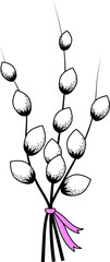  Vector graphics. Three willow twigs tied with a pink ribbon.