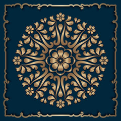 Vintage gold round pattern with floral scrolls. Golden mandala on dark blue background. Elegant circle ornament in baroque style.