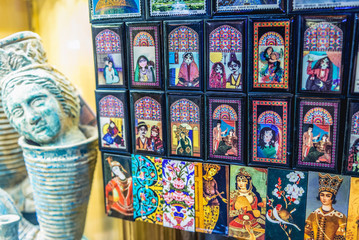 Fridge magnets for sale on the Grand Bazaar also called Qeysarriyeh or Soltani bazaar in Isfahan city, Iran