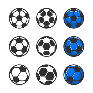 Vector soccer ball icons set in 3 different styles. Football outline icons isolated on white backgrounds. Logo design. Vector illustration