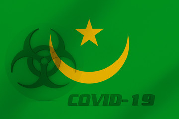 3D ILLUSTRATION VIRUS, BIOHAZARD SYMBOL CORONAVIRUS WITH Mauritania FLAG, Flu coronavirus floating, micro view, pandemic virus infection, asian flu.
