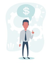 Businessman with hand up full length view. Vector flat design illustration.