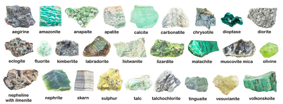set of various green rough minerals with names