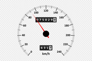 Car speedometer at transparent background. Speedometer with speed scale and kilometer counter. Vector illustration.