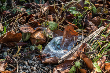 Plastic waste thrown away in the middle of nature
