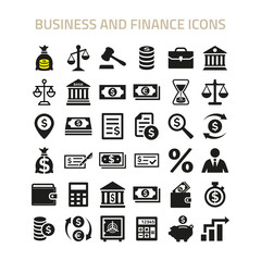 Business and finance icons set on white background.