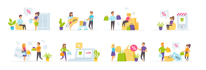 Seasonal shopping set with people characters in various scenes and situations. People carrying shopping bags with purchases. Bundle of retail discount, promotion and online shopping in flat style.