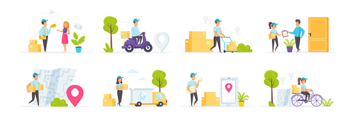Express delivery service set with people characters in various scenes. Fast couriers delivery at home, mobile application and logistics. Bundle of parcels and mail delivering to clients in flat style.