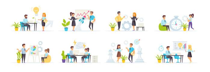 Brainstorming and creativity set with people characters in various scenes and situations. Business idea presentation, new solution or startup discussion. Bundle of colleagues cooperation in flat style