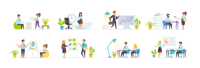 Office management set with people characters in various scenes and situations. Business presentation, data analysis and planning. Bundle of office workers communication and collaboration in flat style