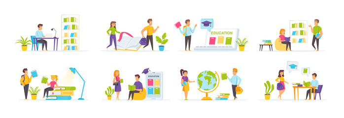 Online education set with people characters in various scenes and situations. People reading books at home and in library, students studying. Bundle of distance education and knowledge in flat style.