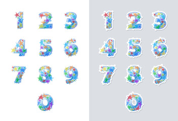 Stickers set of numbers font with colorful stars. Vector illustration.