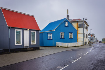 Fototapeta na wymiar Wooden buildings on the main street of Eyrarbakki village, Iceland