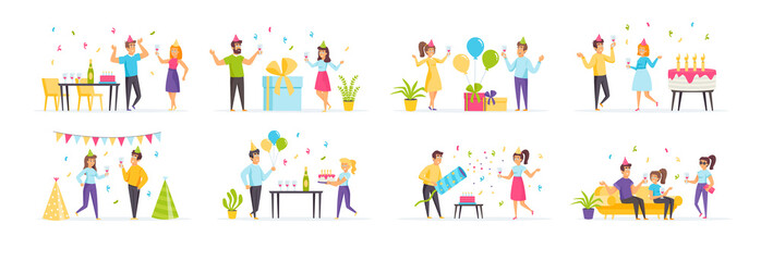 Birthday party set with people characters in various scenes. Cheerful friends celebrating anniversary with cake. Bundle of family holiday in flat style. Festive event with gifts and decoration.