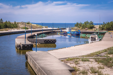 Marina on canal connects Lake Resko and Baltic Sea in Dzwirzyno village, Poland