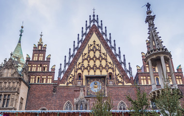 Fototapeta premium Facade of historc Town Hall building in the middle of historic part of Wroclaw city, Poland