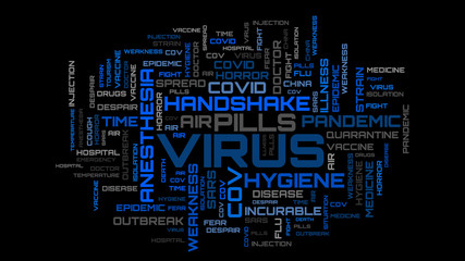 Fototapeta na wymiar Virus word cloud concept on black background. COVID-19 topic blue text illustration