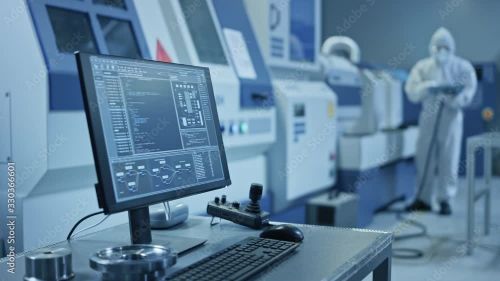Leinwandbilder factory cleanroom: on the desk personal computer showing infrastructure system control on its displa