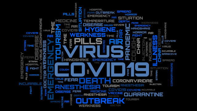 COVID-19 topic blue word collage on black background. Virus topic text concept illustration