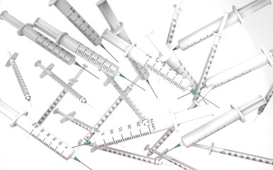  Syringes for tests, blood, drugs. Many. 3D rendering
