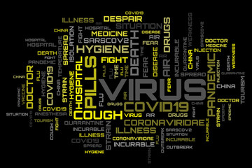 COVID-19 topic yellow word cloud concept on black background