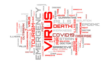 Virus COVID-19 topic red word collage on white background