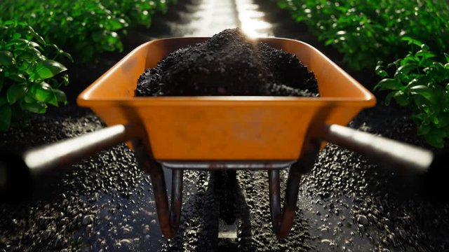Orange wheelbarrow full of soil moving along a wet garden path