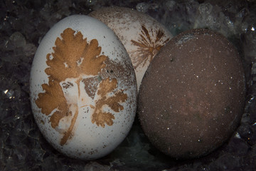 Natural decorated Organic Easter eggs. Face, crystal  