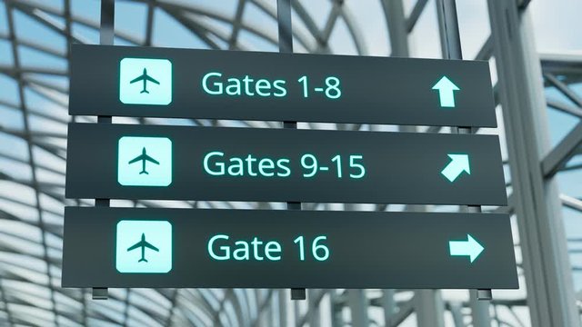 Guide sign showing way to different gates at the airport. Terminal. Blue. 4k HD