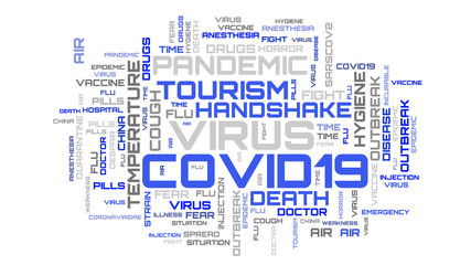Fototapeta na wymiar Blue word collage on white background. Virus word cloud concept