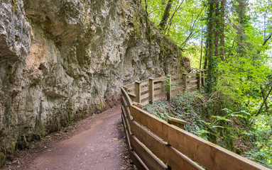 panoramic route to Sanctuary of San Romedio trentino, Trentino alto adige, northern italy  - Europe. Panoramic trail carved into the rock of the canyon