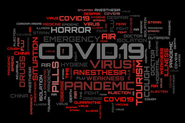 Fototapeta na wymiar Abstract word collage on black background. COVID-19 word cloud concept illustration