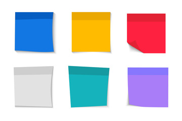 Collection of different blank stickers. Post note stickers. Sticky tapes with space for text or message. Different sheets of note papers with curled corner. Sticky paper note with tape and shadow